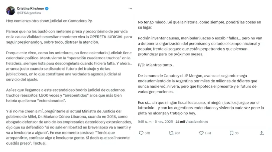 Tweet de Cristina Fernández de Kirchner