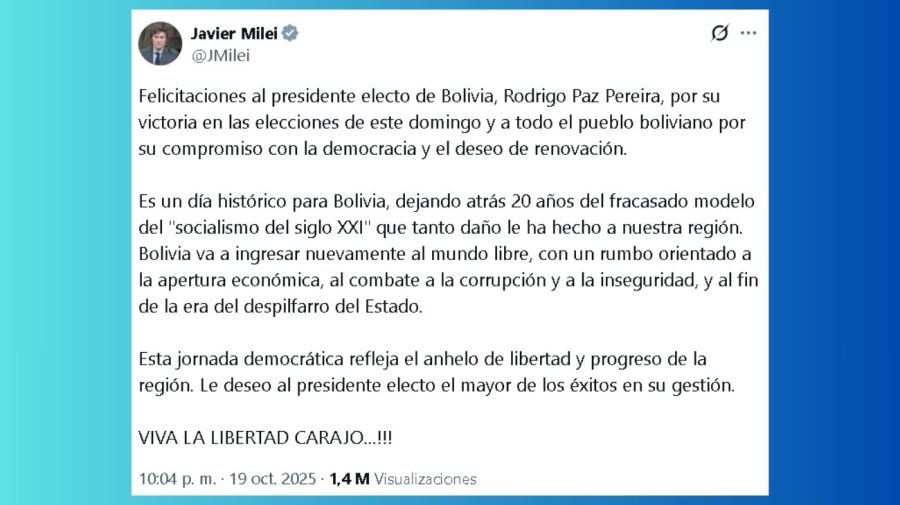 Javier Milei felicita a Rodrigo Paz Pereira por su triunfo en las elecciones presidenciales de Bolivia
