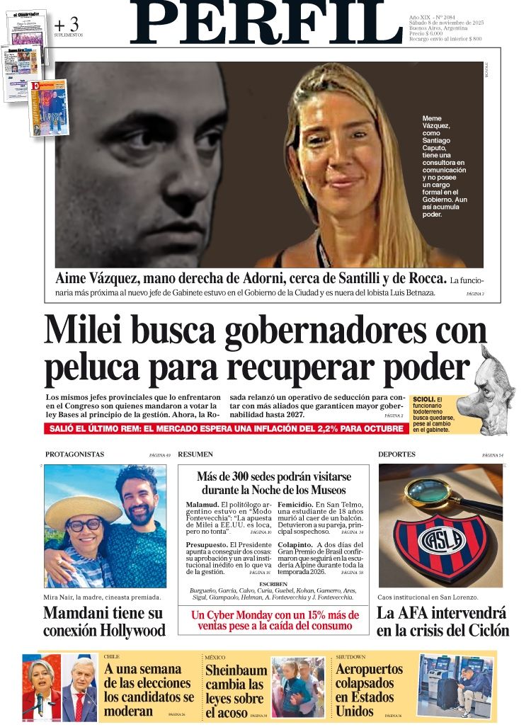 La tapa del Diario PERFIL del sábado 8 de noviembre de 2025