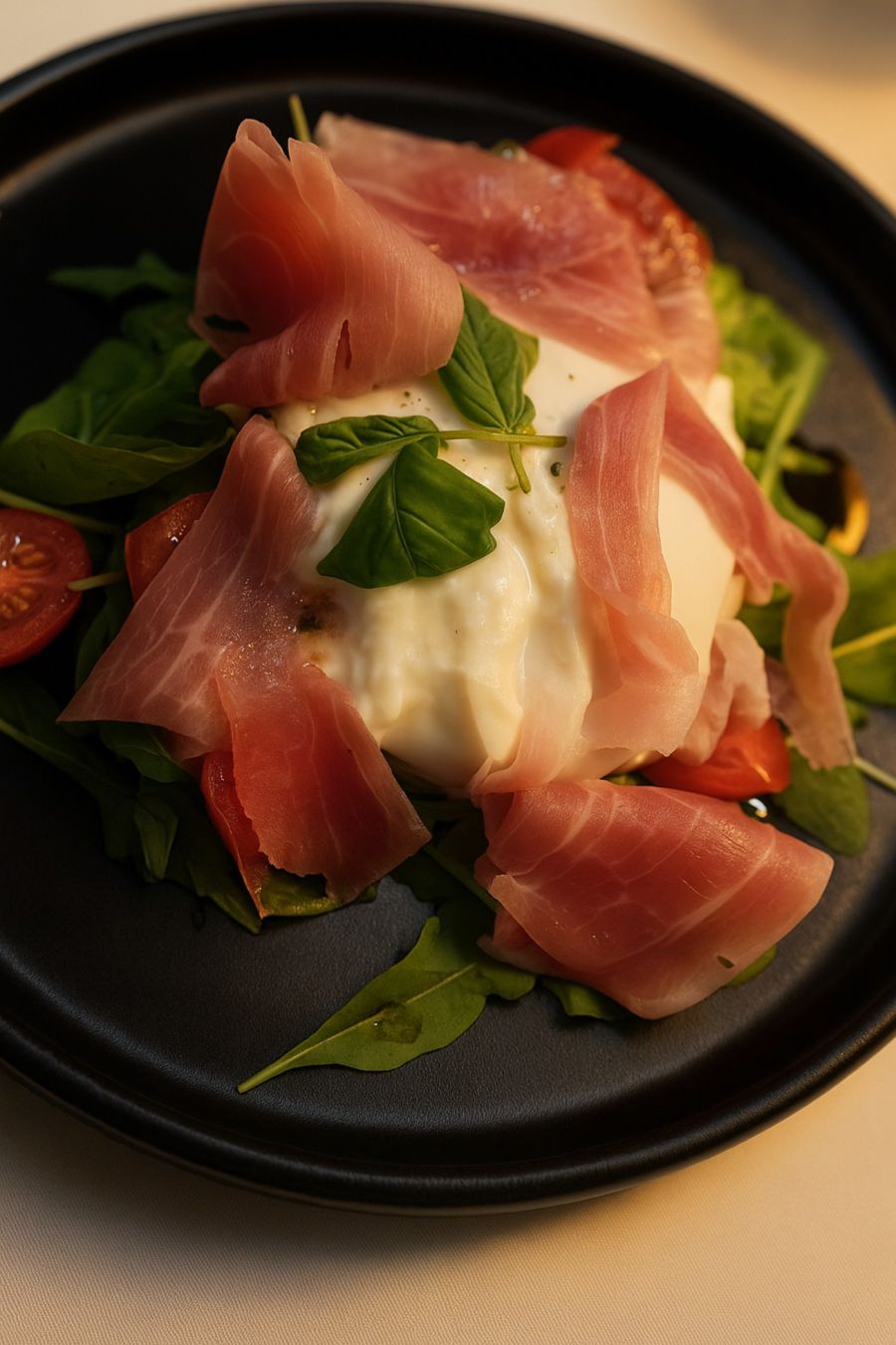 Burrata con jamón crudo