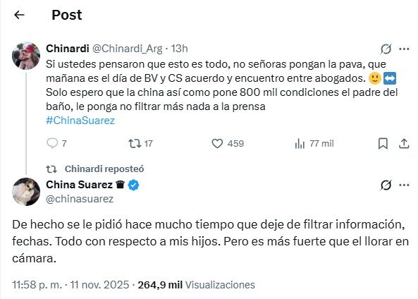 El mensaje de la China Suárez contra Benjamín Vicuña