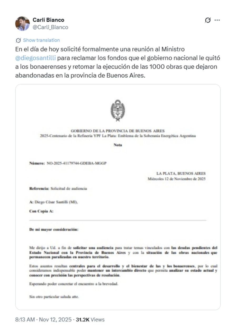 Carlos Bianco solicitó formalmente una reunión con Diego Santilli