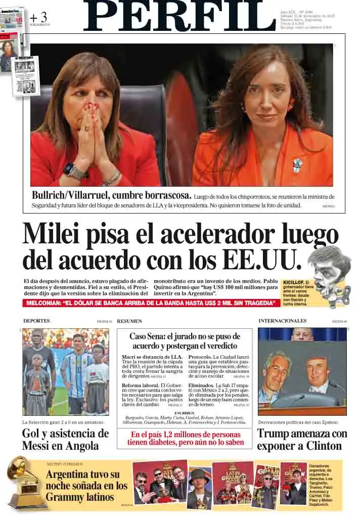 La tapa del Diario PERFIL del sábado 15 de noviembre de 2025