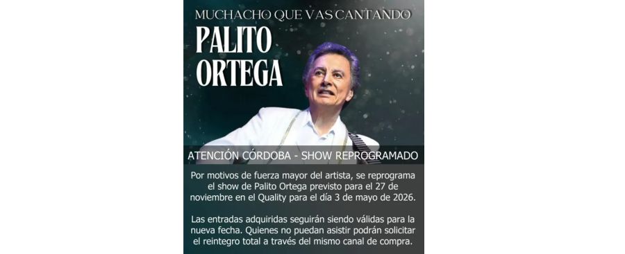 Palito Ortega reprogramó su show en Córdoba