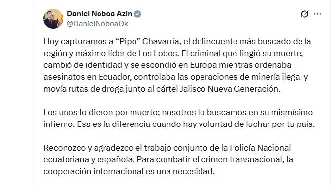 El mensaje del presidente Daniel Noboa en redes.