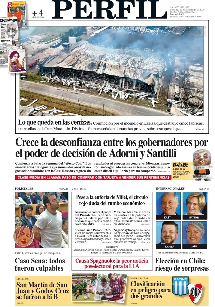 La tapa del Diario PERFIL del domingo 16 de noviembre de 2025