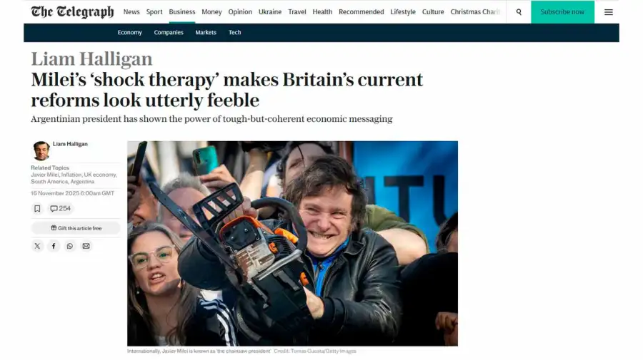 The Telegraph expuso el plan de gobierno libertario en medio del debate por el Presupuesto de la canciller Rachel Reeves 16112025