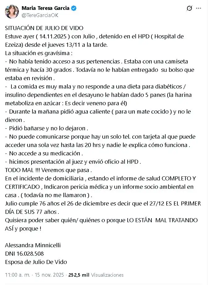 Comunicacio Alessandra Minnicelli sobre las condiciones de detención de Julio de Vido