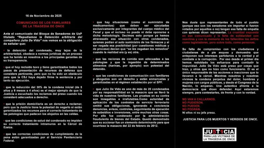 Comunicado de los familiares de las víctimas de la Tragedia de Once