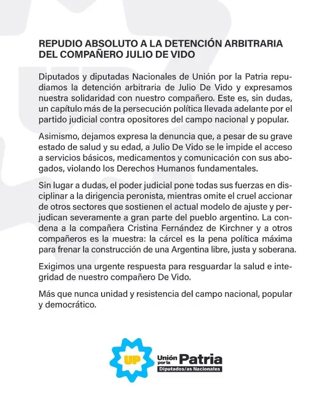 Comunicado Unión por la Patria por la detención de Julio de Vido