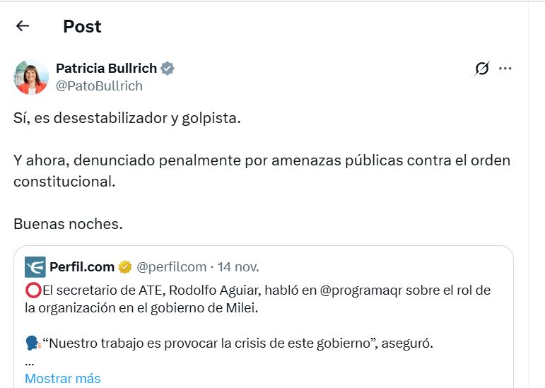 Tuit Patricia Bullrich Aguiar
