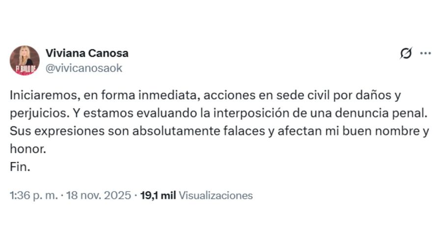 Viviana Canosa iniciará acciones legales contra Fabiola Yañez