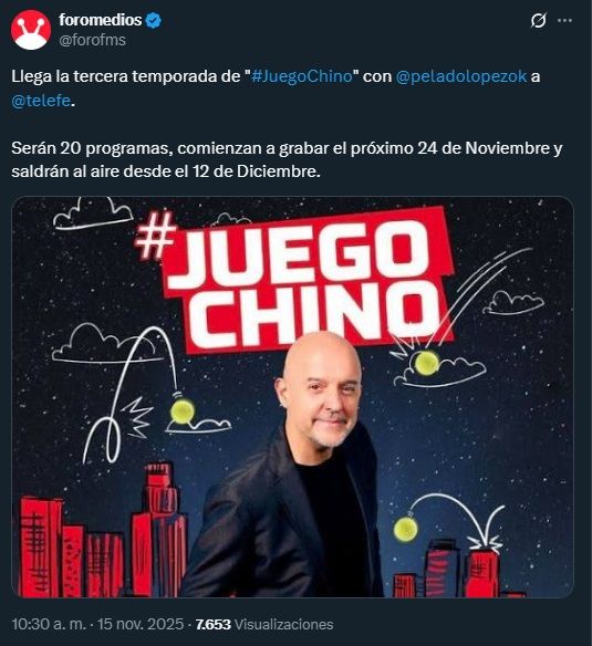 El Pelado López vuelve a la pantalla de Telefe con su tercera temporada de Juego Chino