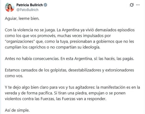 Posteo de Patricia Bullrich contra Rodolfo Aguiar