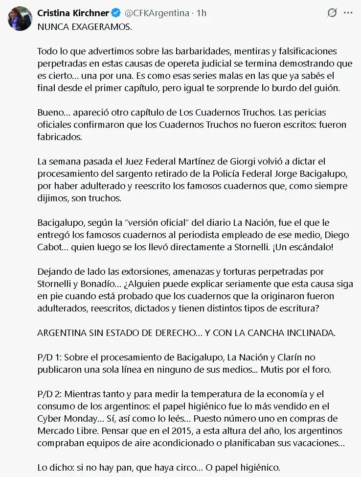 Cristina Kirchner aseguró que los cuadernos de Centeno