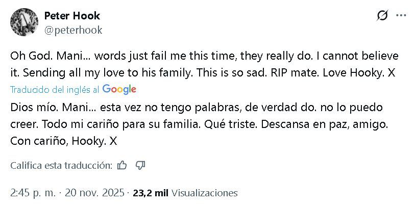 El bajista de New Orden y Joy Division, Peter Hook, también se despidió de Mani Moundfield en redes sociales