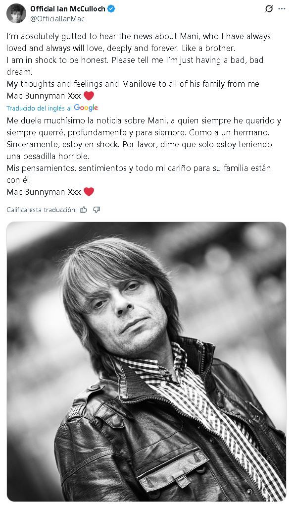 El cantante de Echo And The Bunnymen, Ian McCulloch publicó estar en shock por la muerte de Mani Mounfield