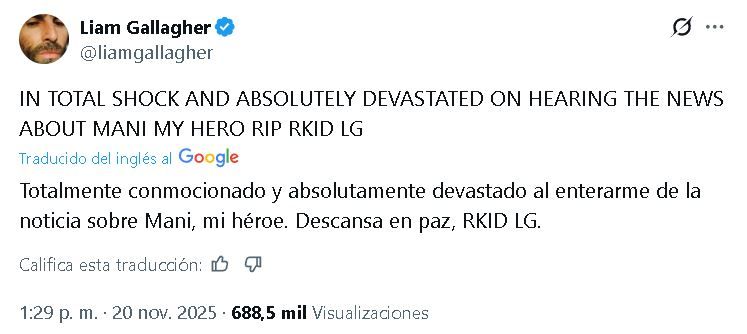Tuit de Liam Gallagher sobre la muerte de Mani Mounfield