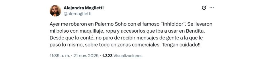 Alejandra Maglietti contó que le robaron