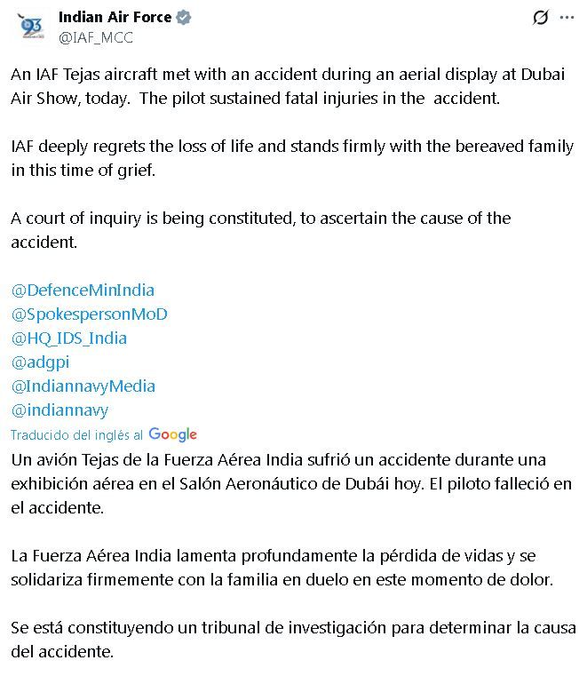 Comunicado de la Fuerza Aérea India