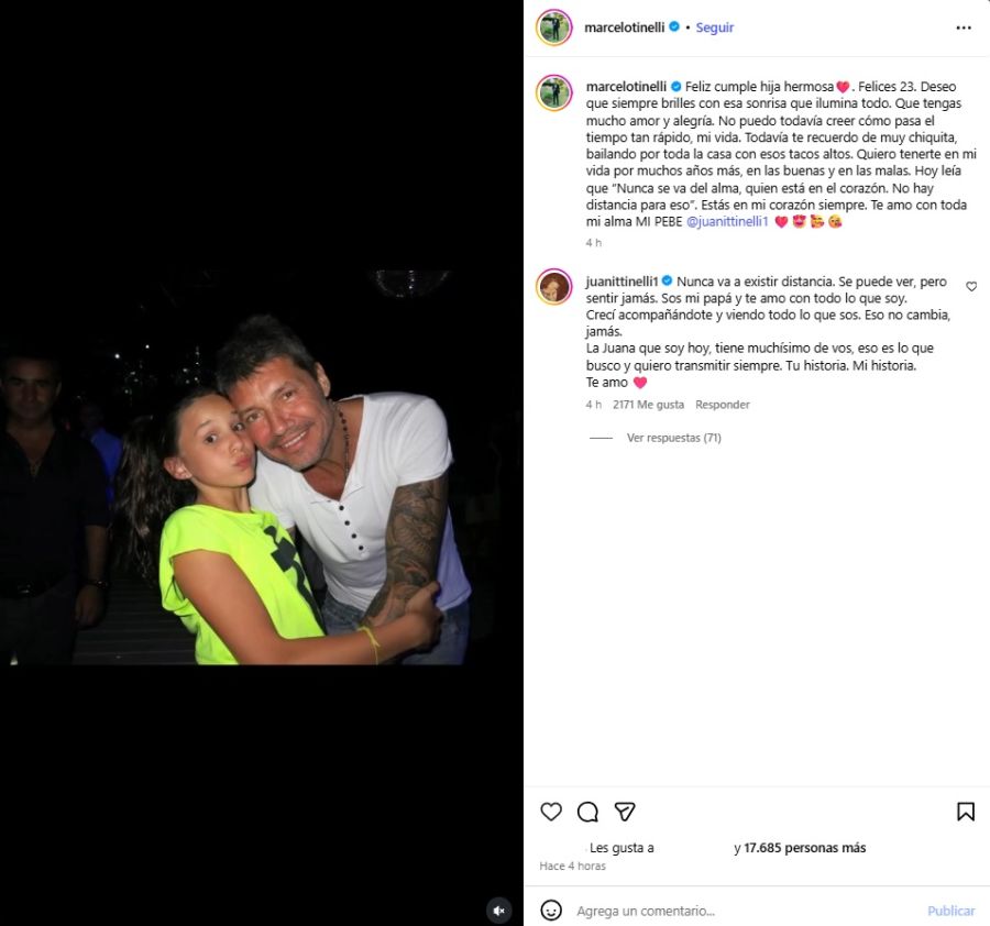 La respuesta de Juana Tinelli al posteo de su padre Marcelo
