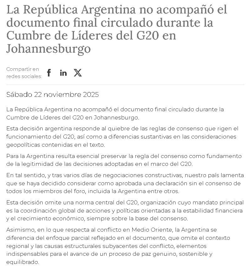 Comunicado Oficial de Cancillería sobre la no adhesión de Argentina a la declaración final del G20