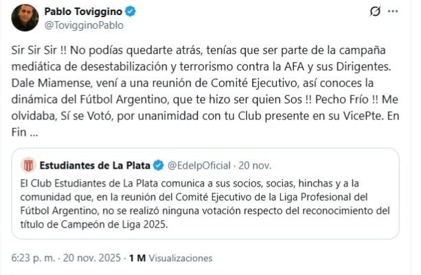 El tuit de Pablo Toviggino contra Verón