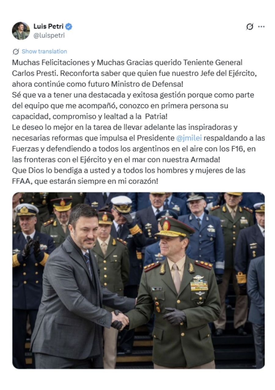 Carlos Alberto Presti is the new Minister of Defense of Argentina, succeeding Luis Petre