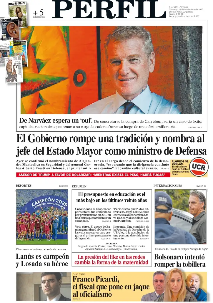 La tapa del Diario PERFIL del domingo 23 de noviembre de 2025