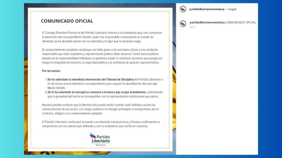 Comunicado del Partido Libertario sobre el concejal Martín Antolín