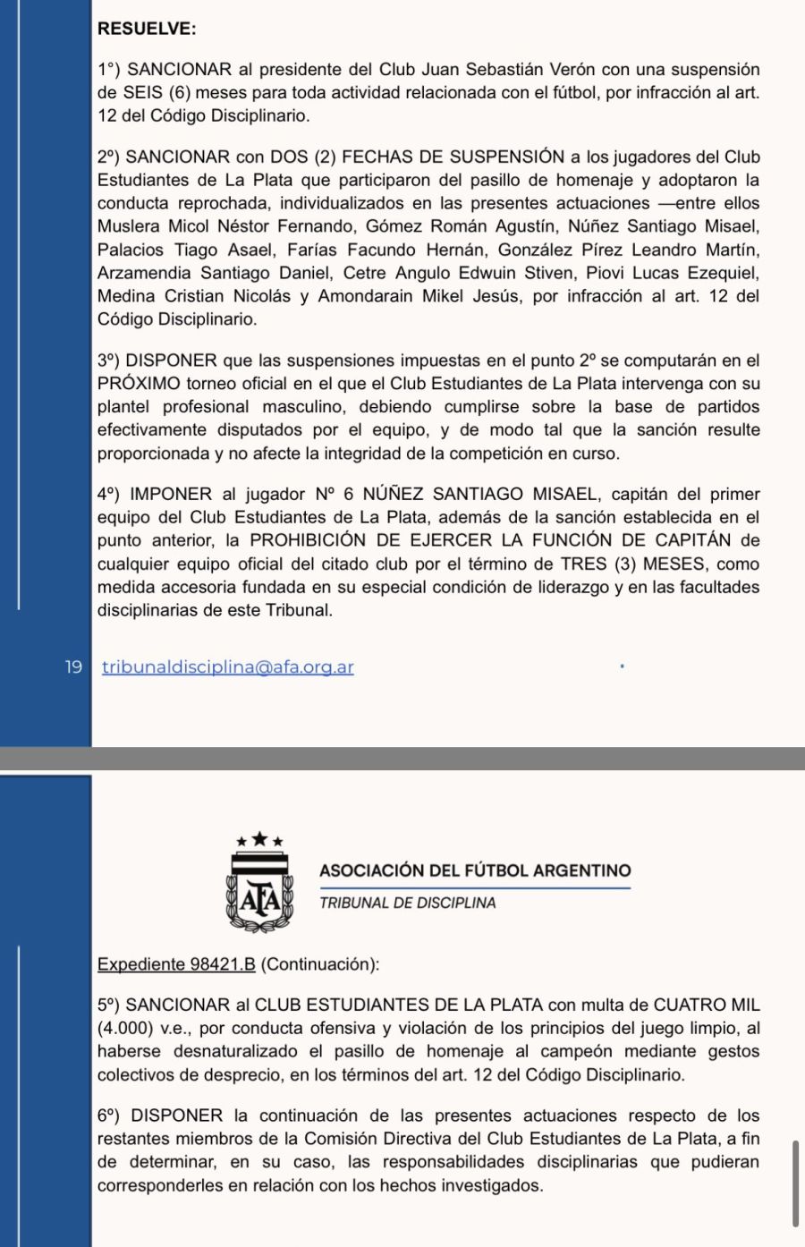 Tribunal de Disciplina - Sanción a Estudiantes