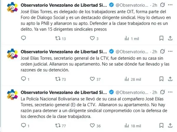Post about the arrest of José Elias Torres in Venezuela