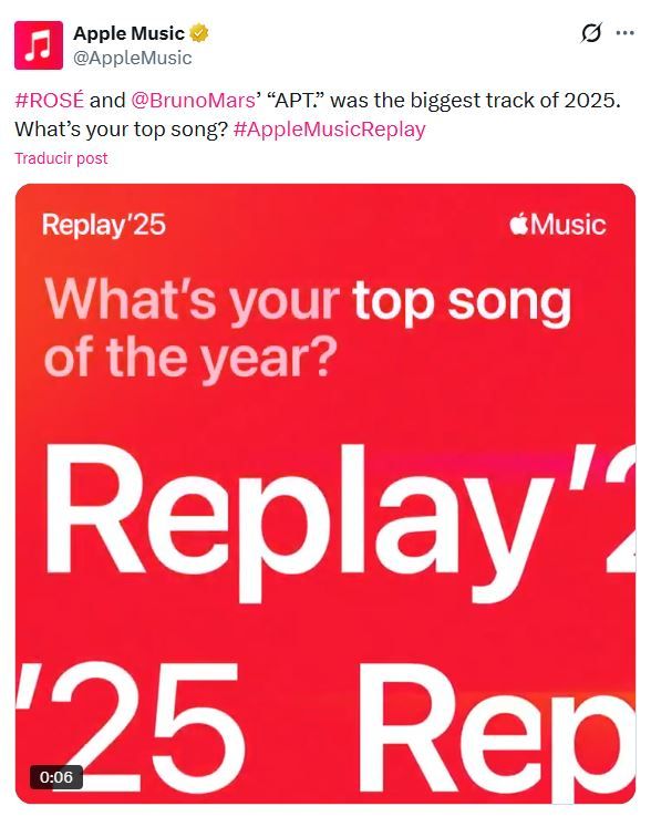 APT es la canción más escuchara de Apple Music 2025 gobalmente