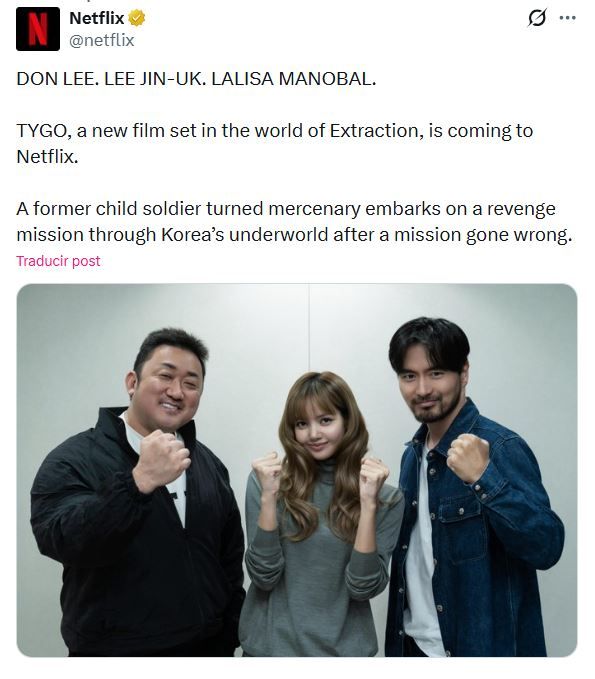 Lisa, de Blackpink, Don Lee y Lee Jin-uk, protagonizarán Tyg», el thriller de Netflix ambientado en el universo de Extraction