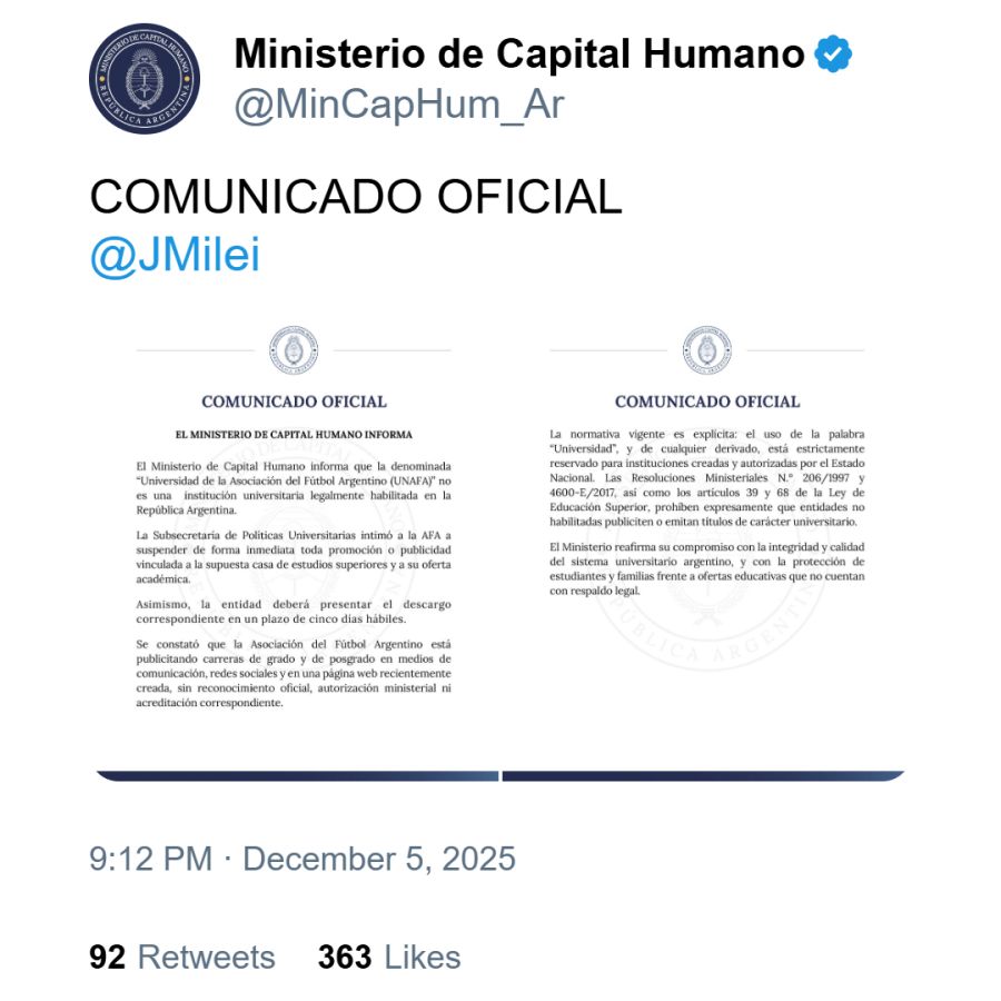Comunicado oficial sobre AFA