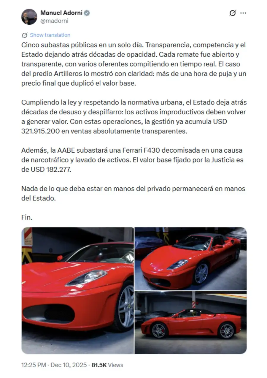 La Ferrari F430 incautada en una causa de narcotráfico y lavado de activos