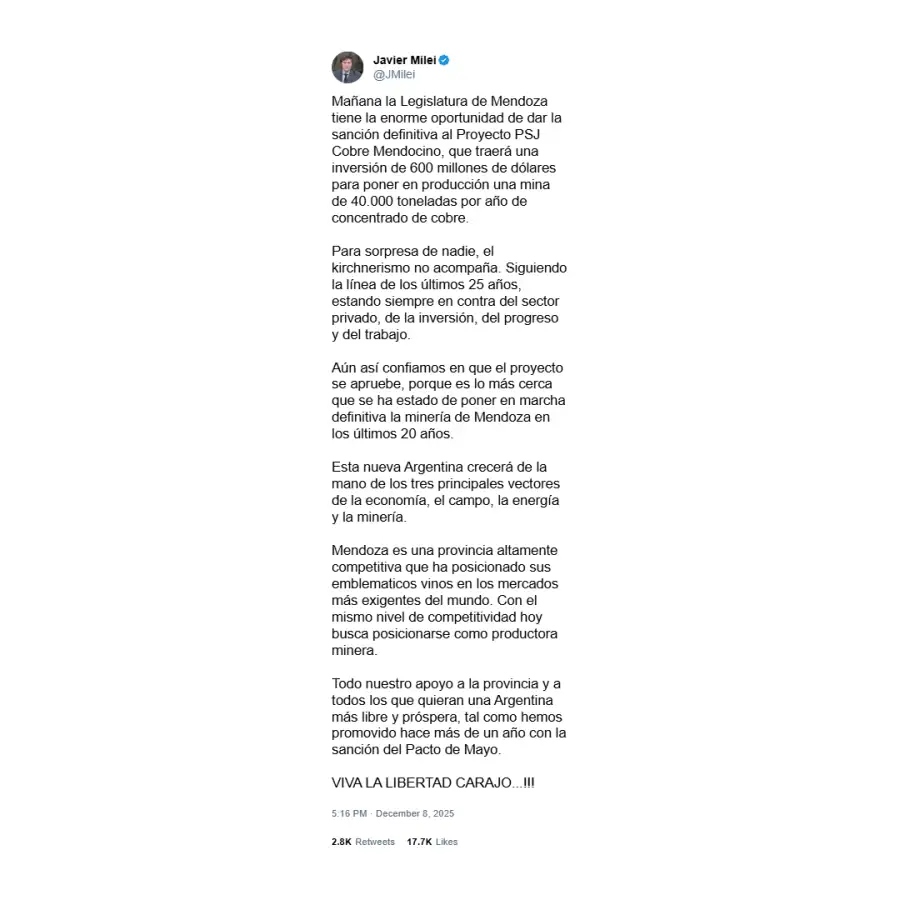 Posteo de Javier Milei a favor del proyecto minero en Mendoza