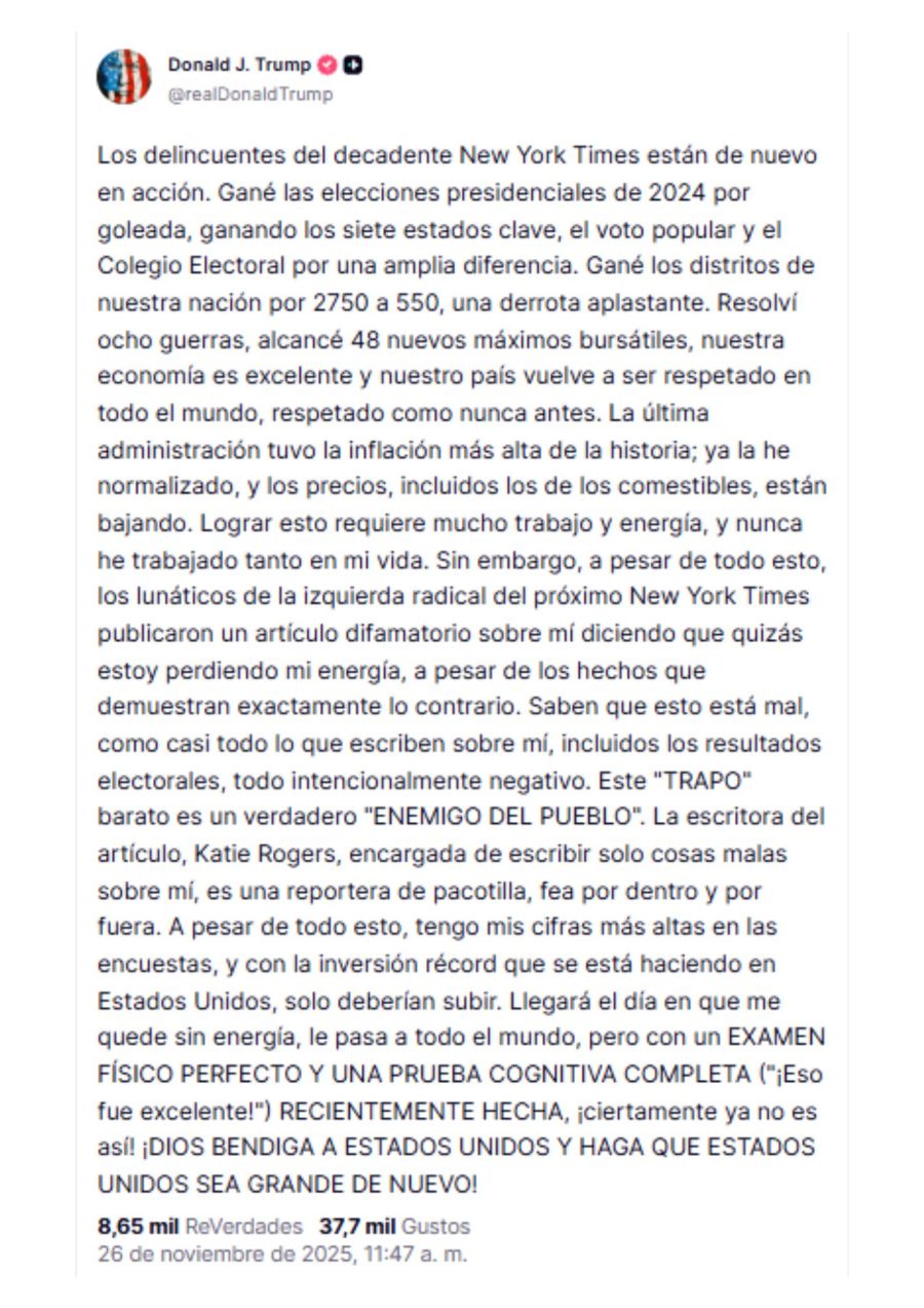 Donald Trump publicó en Truth Social un ataque personal contra Katie Rogers, periodista del New York Times