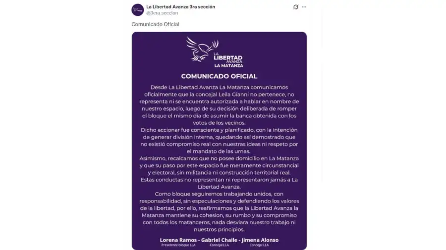 La Libertad Avanza 3ra sección Comunicado Oficial 20251210