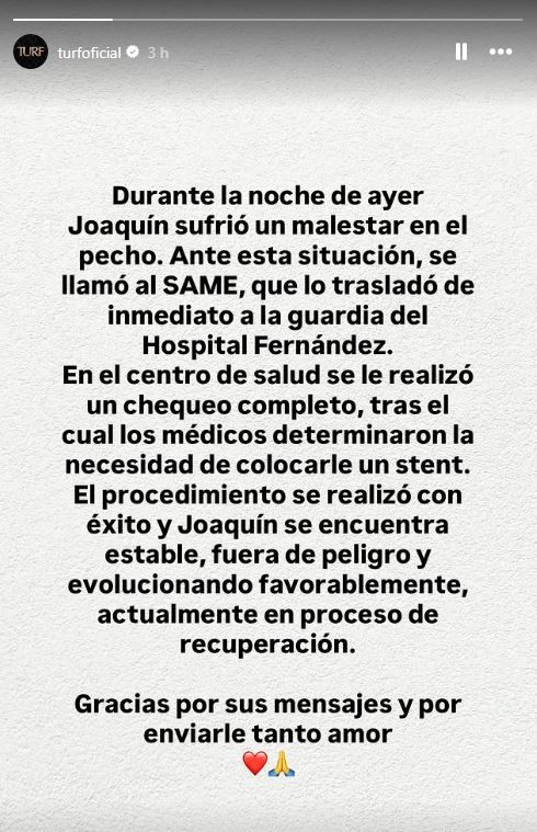 Comunicado de Turf tras la internación de Joaquín Levinton