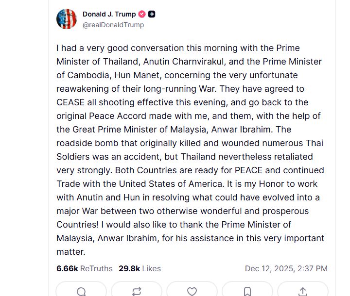 El posteo de Trump celebrando una tregua entre Camboya y Taliandia todavía no se ve en esa frontera.
