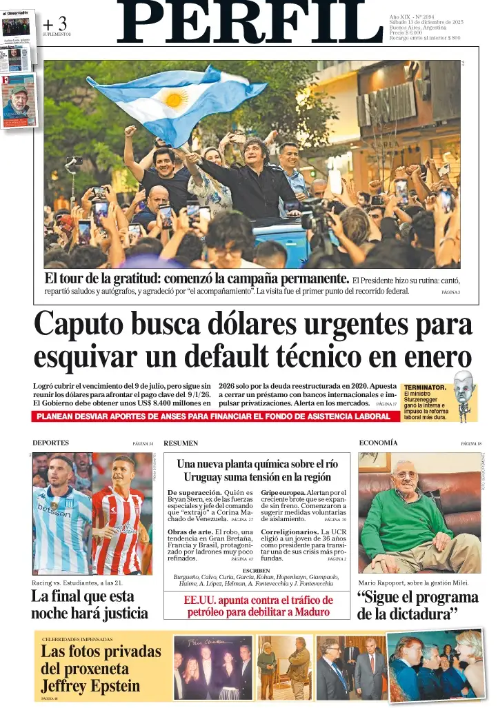 La tapa del Diario PERFIL del sábado 13 de diciembre de 2025