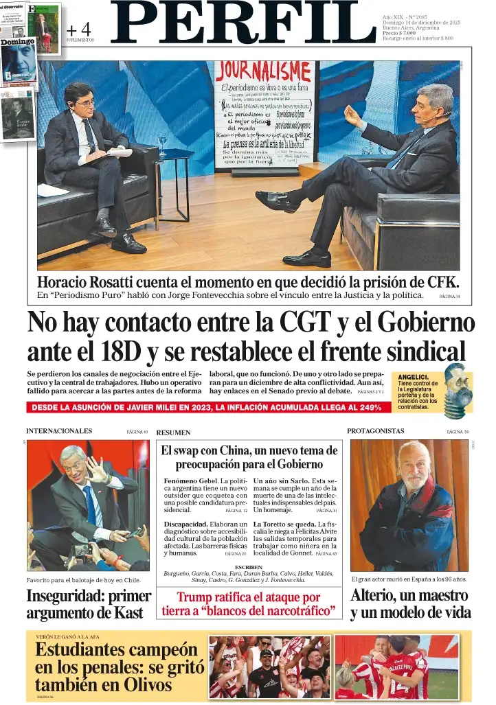 La tapa del Diario PERFIL del domingo 14 de diciembre de 2025