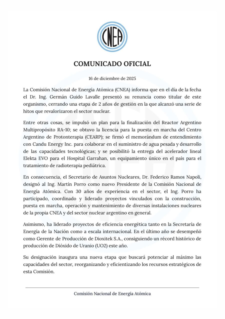 Renunció el titular de la Comisión Nacional de Energía Atómica