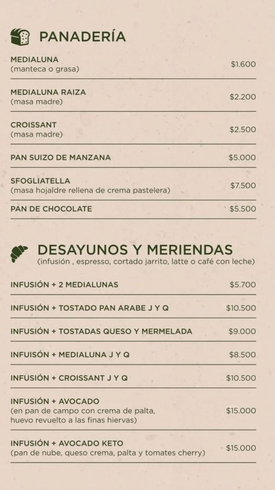 Menú de la cafetería de Juli Poggi
