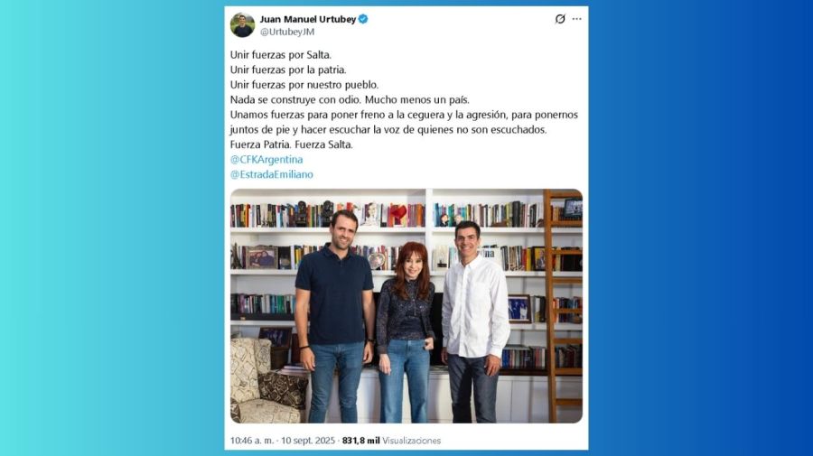 Tuit de Juan Manuel Urtubey junto a Emiliano Estrada en la casa de Cristina Kirchner