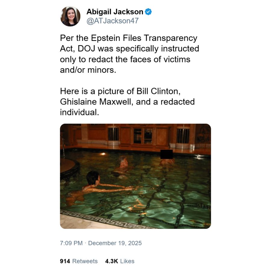 Posteo de la subsecretario de Prensa de la Casa Blanca Abigail Jackson contra Clinton por el caso Epstein