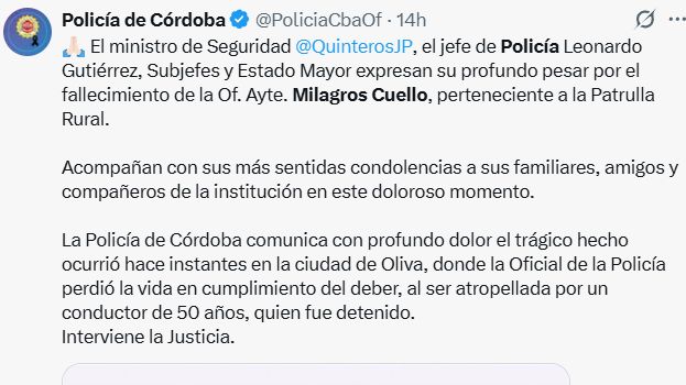 El mensaje de la policía de Córdoba, por la muerte de la agente Milagros Cuello.