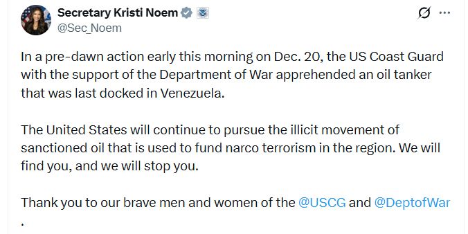 El posteo de Kristy Noem dando cuenta de la intercepción del petrolero de bandera panameña.