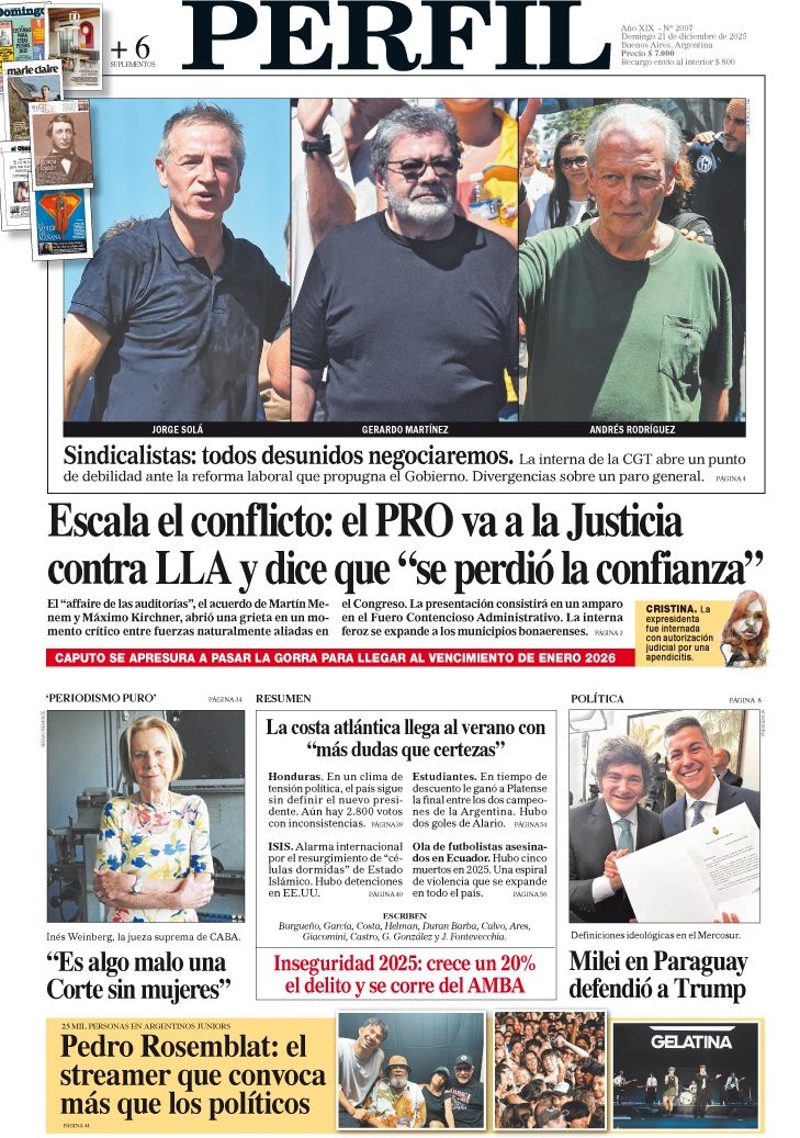 La tapa del Diario PERFIL del domingo 21 de diciembre de 2025